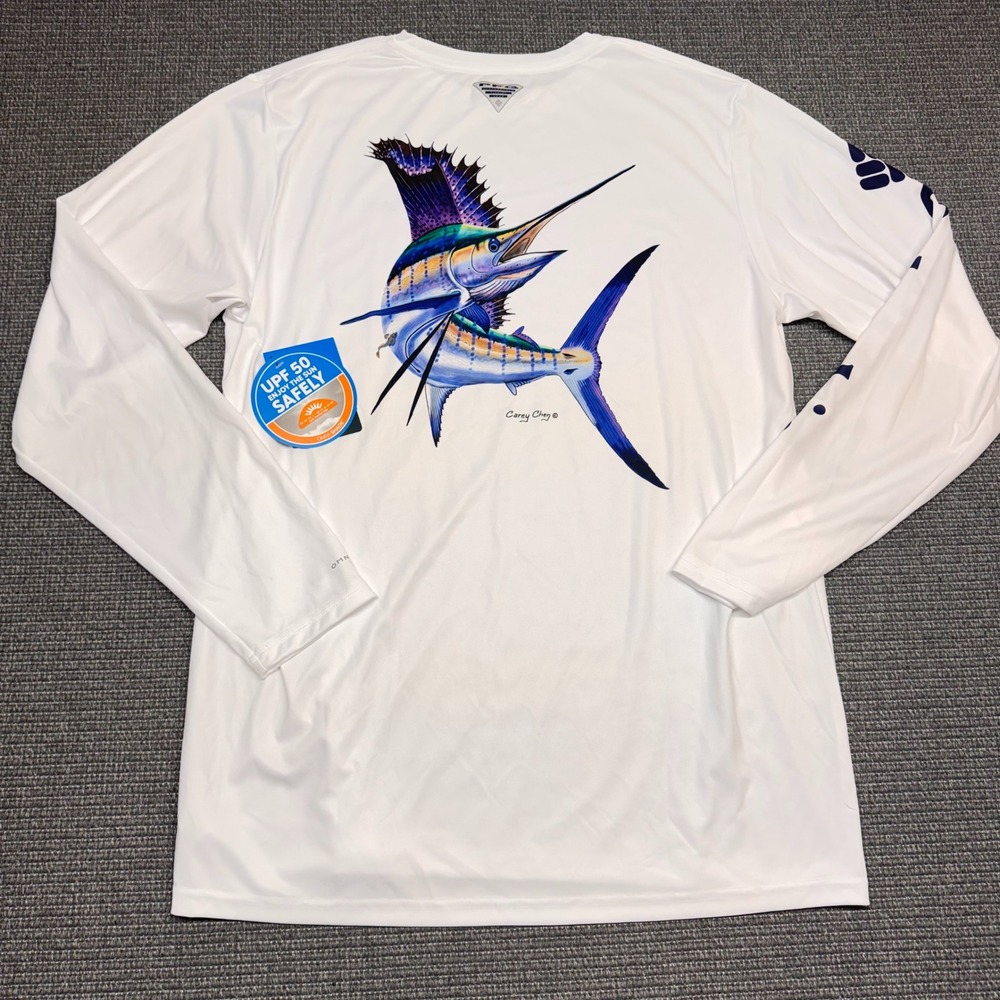 Columbia PFG Carey Chen Sailfish Fishing Shirt White Long Sleeve UPF 50 Large